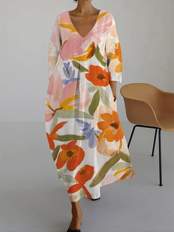 VIBEKE | BLOMSTERPRINT V-UUTSKJÆRING KJOLE